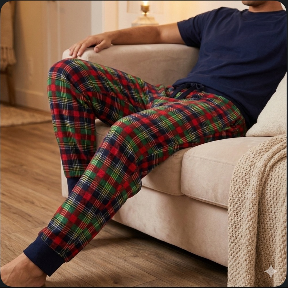 Dearfoams Men's Cozy Comfort Plaid Lounge Pajama Joggers Pants Red Green Blue L